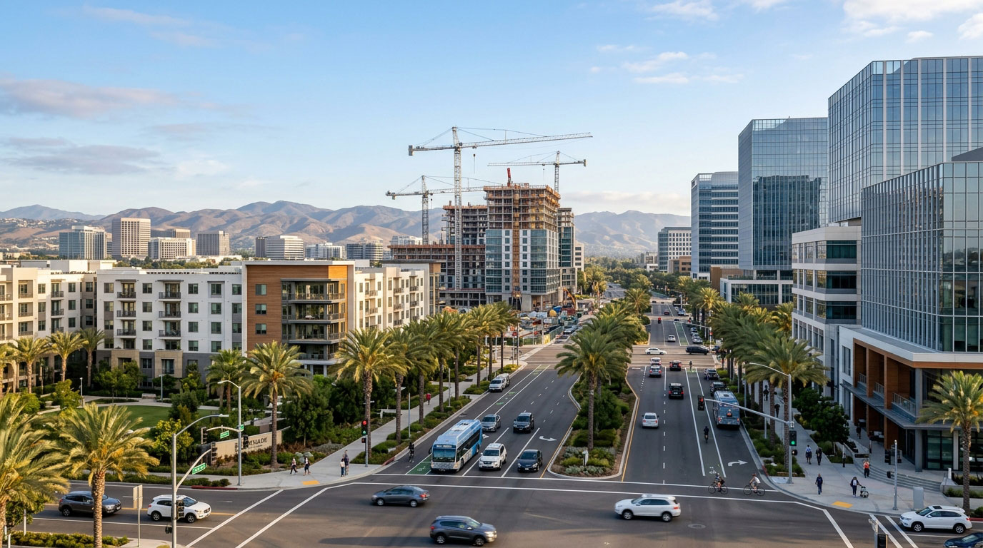 Busy city intersection lined with palm trees and modern buildings, featuring active construction cranes and high-rise developments against a backdrop of mountains under a clear blue sky.
